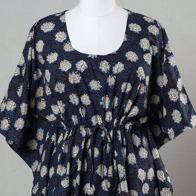 Blue - Bagru Block Printed Cotton Kaftan with Tie-Up Waist (Short)