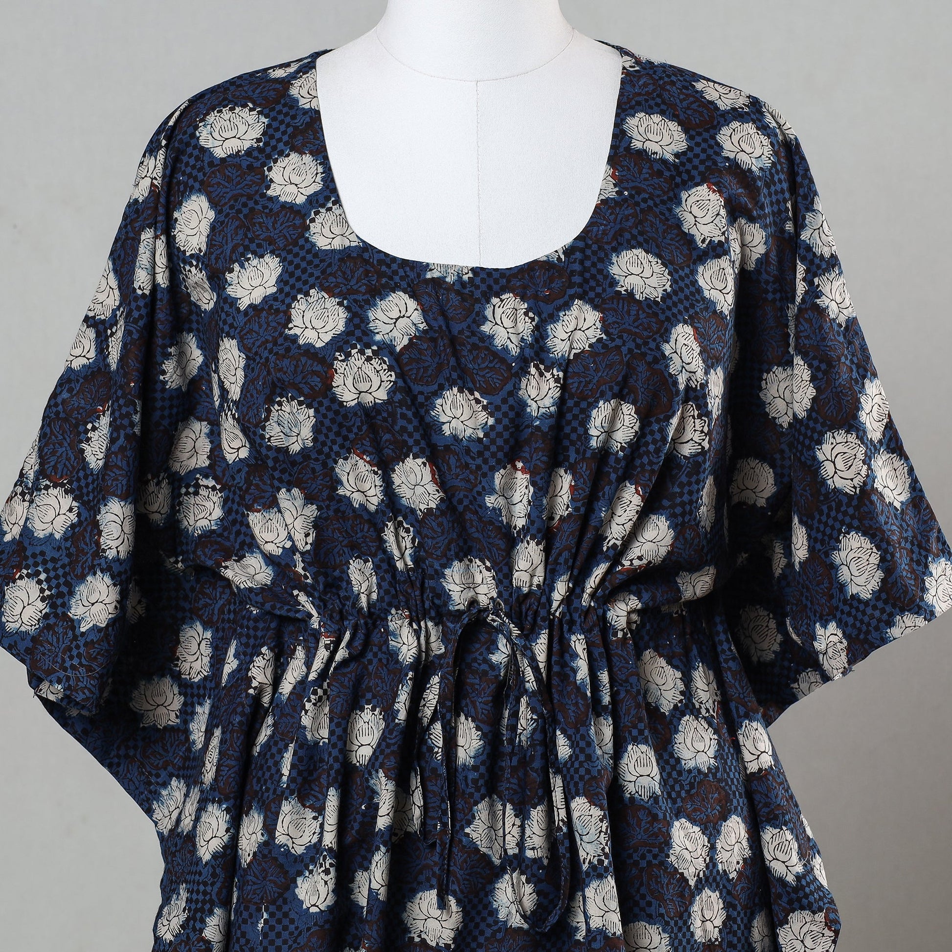 Blue - Bagru Block Printed Cotton Kaftan with Tie-Up Waist (Short)