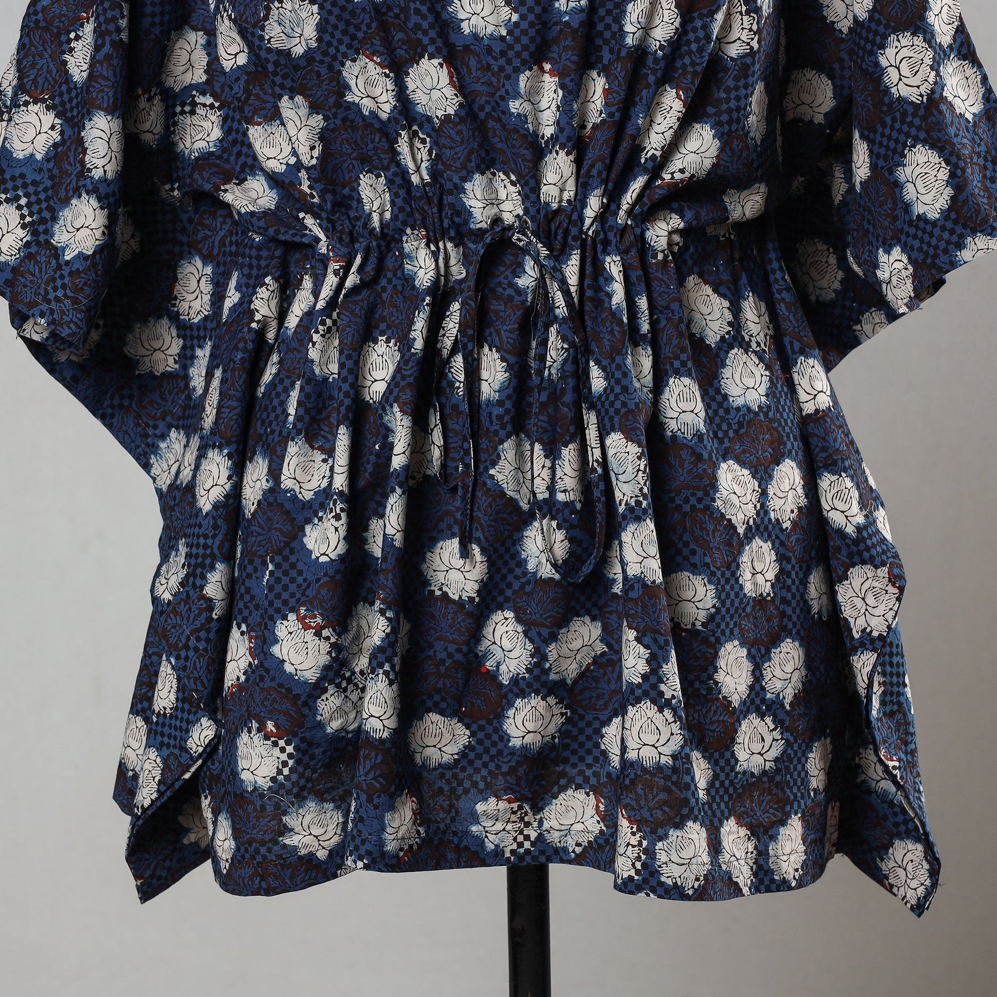 Blue - Bagru Block Printed Cotton Kaftan with Tie-Up Waist (Short)