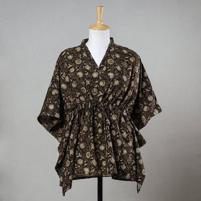 Brown - Bagru Block Printed Cotton Kaftan with Tie-Up Waist (Short)
