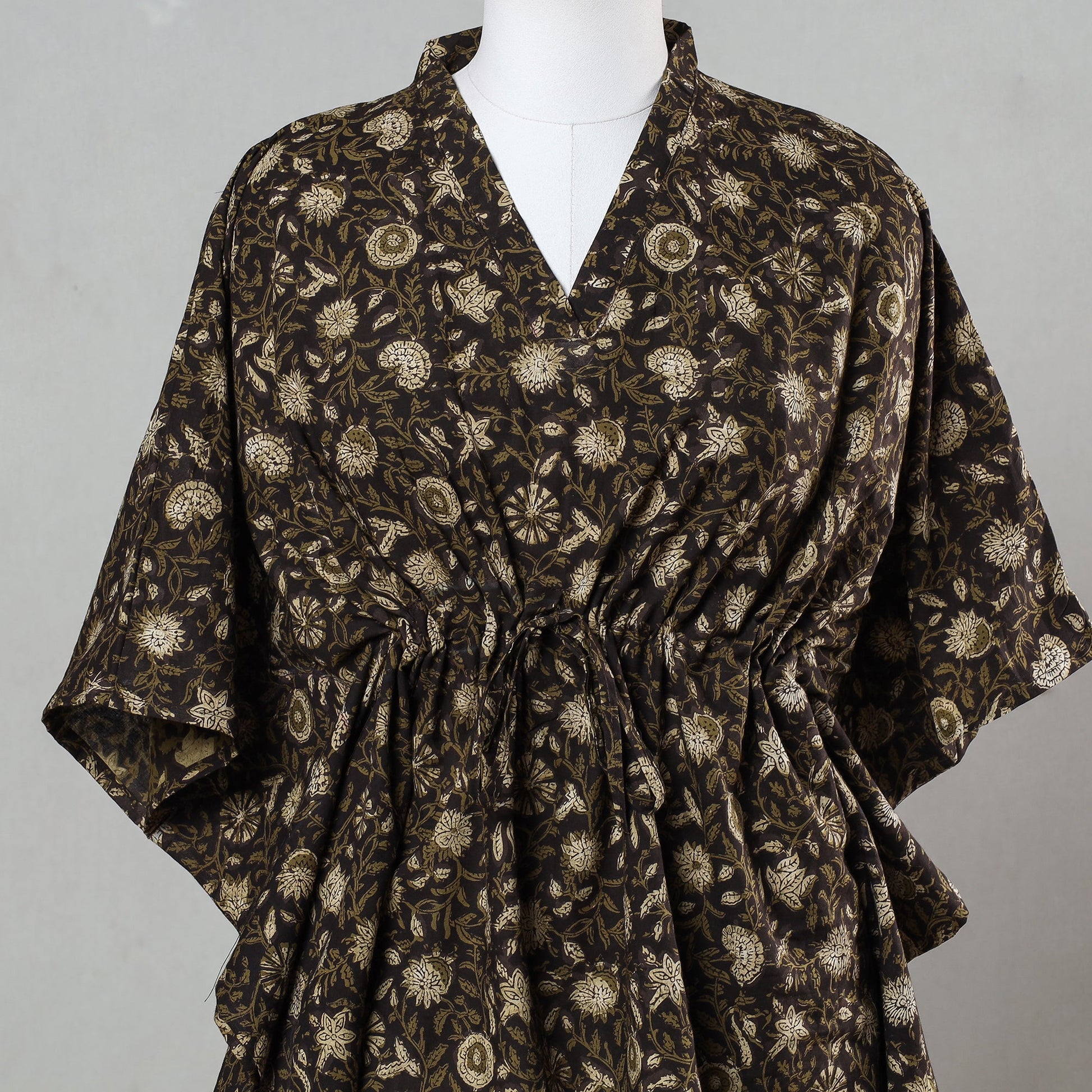 Brown - Bagru Block Printed Cotton Kaftan with Tie-Up Waist (Short)