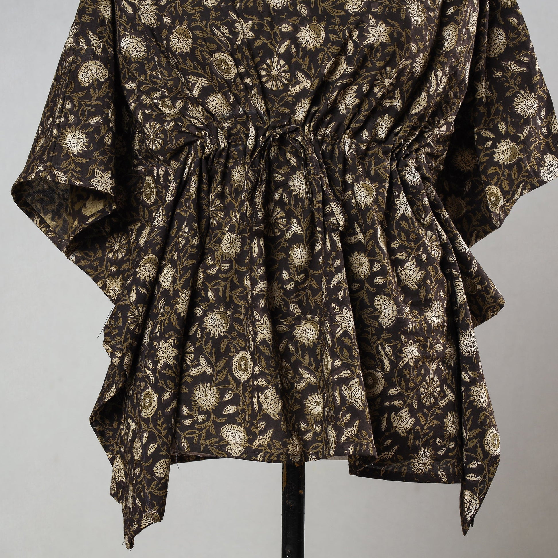 Brown - Bagru Block Printed Cotton Kaftan with Tie-Up Waist (Short)