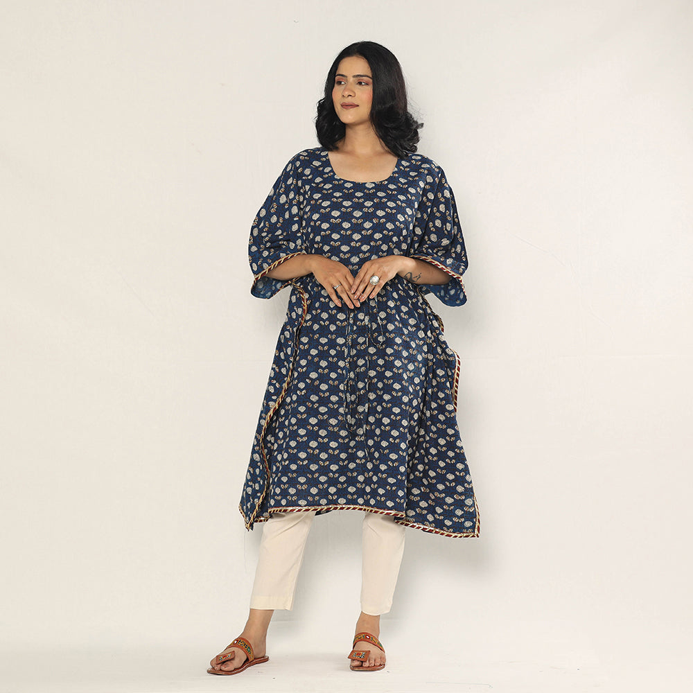 Blue - Bagru Dabu Block Printing Cotton Kaftan Dress (Medium)