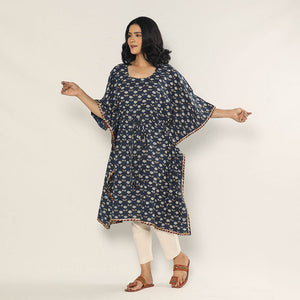 Blue - Bagru Dabu Block Printing Cotton Kaftan Dress (Medium)