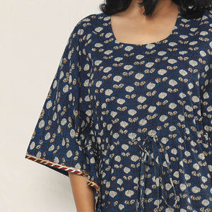 Blue - Bagru Dabu Block Printing Cotton Kaftan Dress (Medium)
