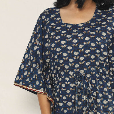 Blue - Bagru Dabu Block Printing Cotton Kaftan Dress (Medium)