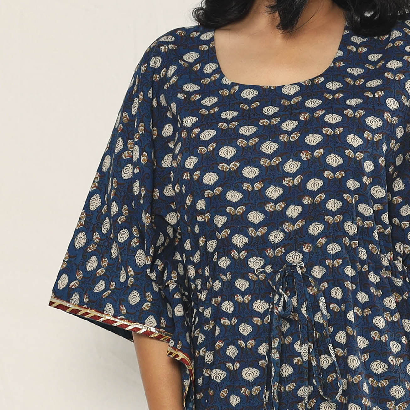Blue - Bagru Dabu Block Printing Cotton Kaftan Dress (Medium)