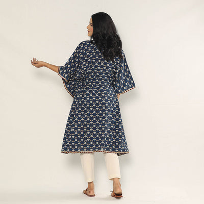 Blue - Bagru Dabu Block Printing Cotton Kaftan Dress (Medium)