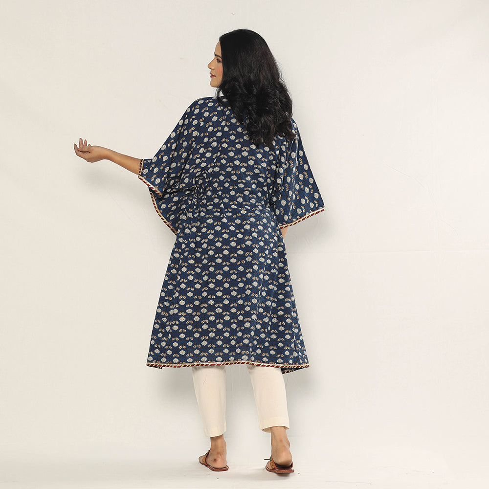 Blue - Bagru Dabu Block Printing Cotton Kaftan Dress (Medium)