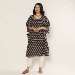 Black - Bagru Dabu Block Printing Cotton Kaftan Dress (Medium)