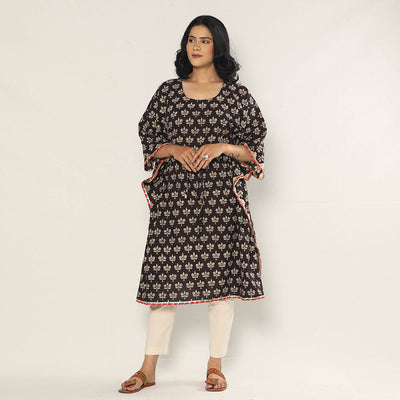 Black - Bagru Dabu Block Printing Cotton Kaftan Dress (Medium)