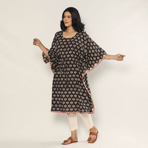 Black - Bagru Dabu Block Printing Cotton Kaftan Dress (Medium)