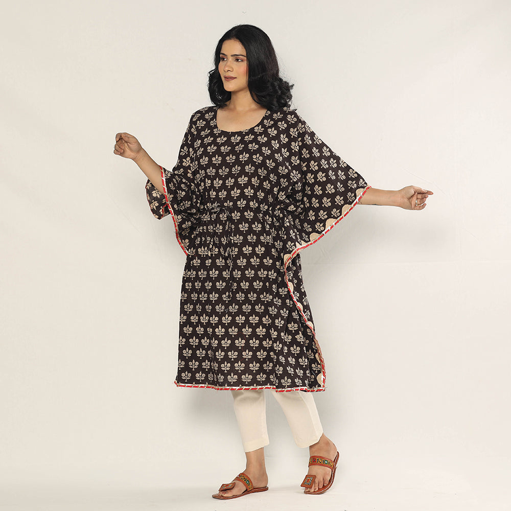 Black - Bagru Dabu Block Printing Cotton Kaftan Dress (Medium)