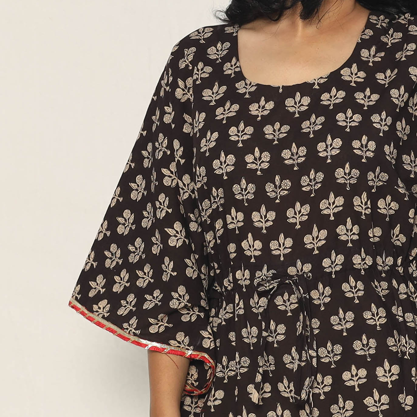 Black - Bagru Dabu Block Printing Cotton Kaftan Dress (Medium)
