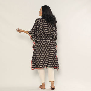 Black - Bagru Dabu Block Printing Cotton Kaftan Dress (Medium)