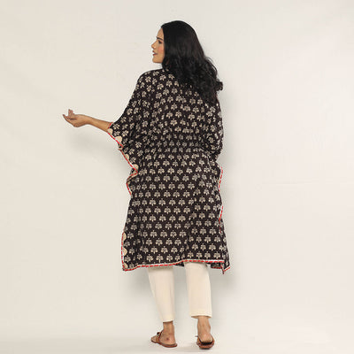 Black - Bagru Dabu Block Printing Cotton Kaftan Dress (Medium)