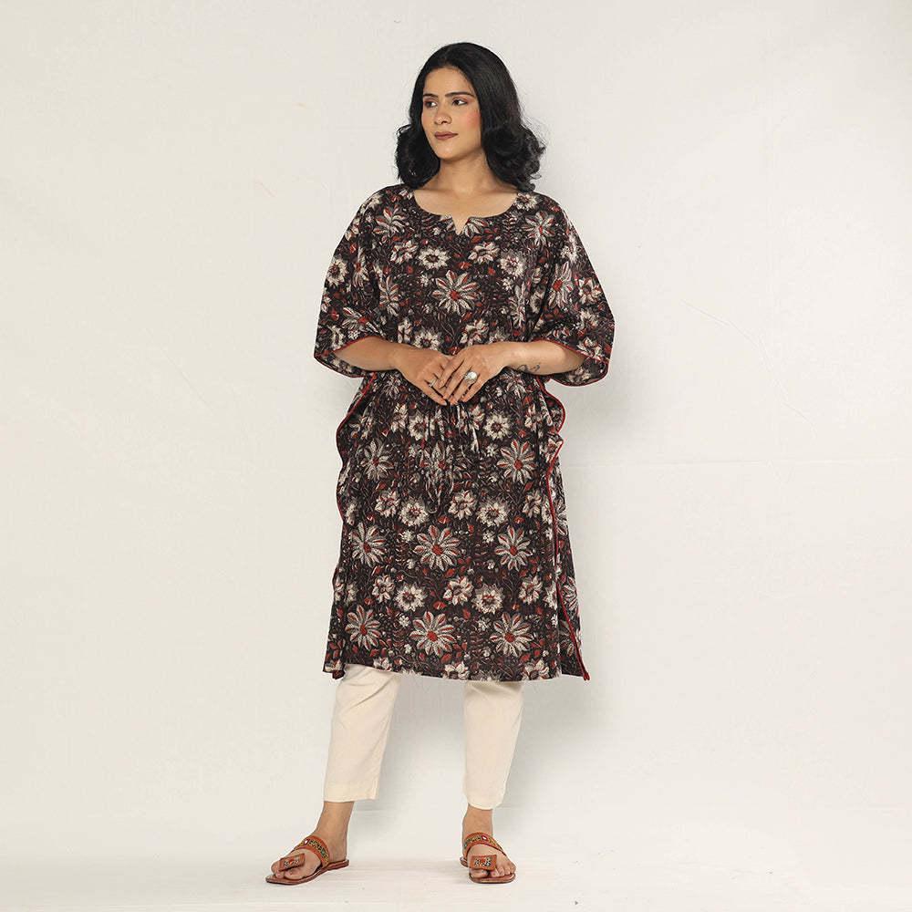 Black - Bagru Dabu Block Printing Cotton Kaftan Dress (Medium)
