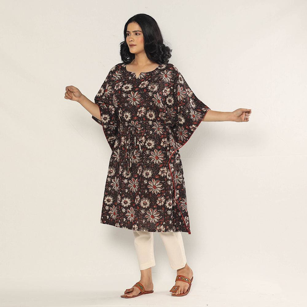 Black - Bagru Dabu Block Printing Cotton Kaftan Dress (Medium)