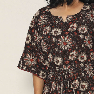Black - Bagru Dabu Block Printing Cotton Kaftan Dress (Medium)