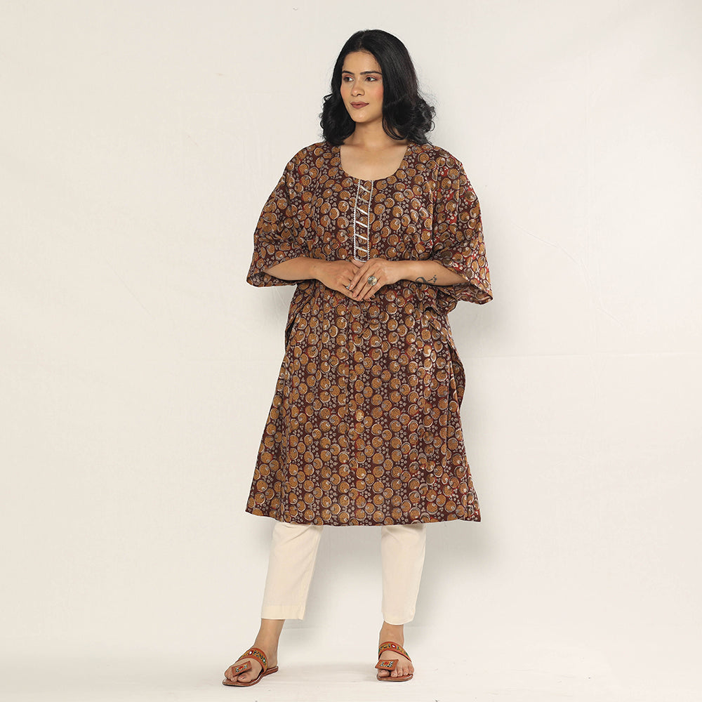 Brown - Bagru Dabu Block Printing Cotton Kaftan Dress (Medium)