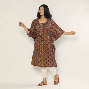 Brown - Bagru Dabu Block Printing Cotton Kaftan Dress (Medium)