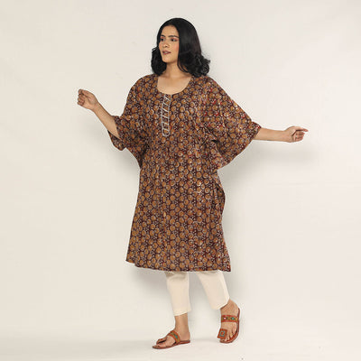 Brown - Bagru Dabu Block Printing Cotton Kaftan Dress (Medium)