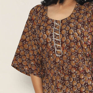 Brown - Bagru Dabu Block Printing Cotton Kaftan Dress (Medium)