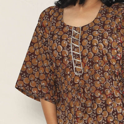 Brown - Bagru Dabu Block Printing Cotton Kaftan Dress (Medium)