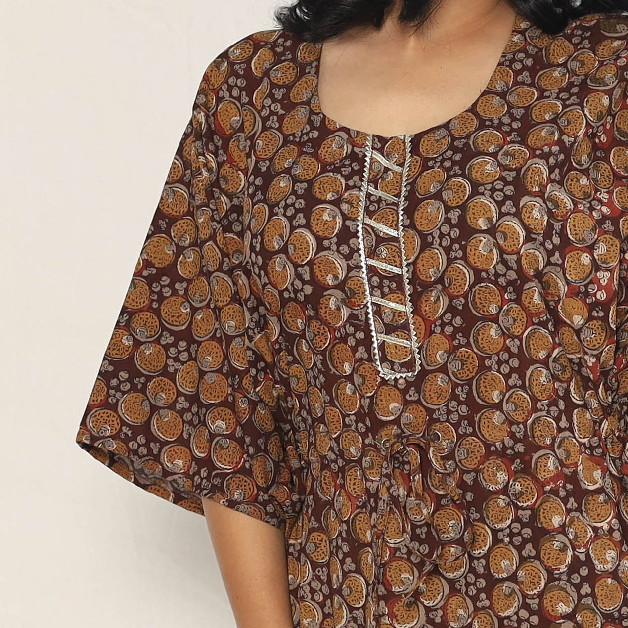 Brown - Bagru Dabu Block Printing Cotton Kaftan Dress (Medium)