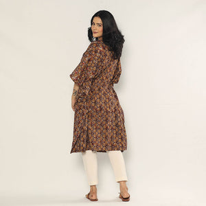 Brown - Bagru Dabu Block Printing Cotton Kaftan Dress (Medium)