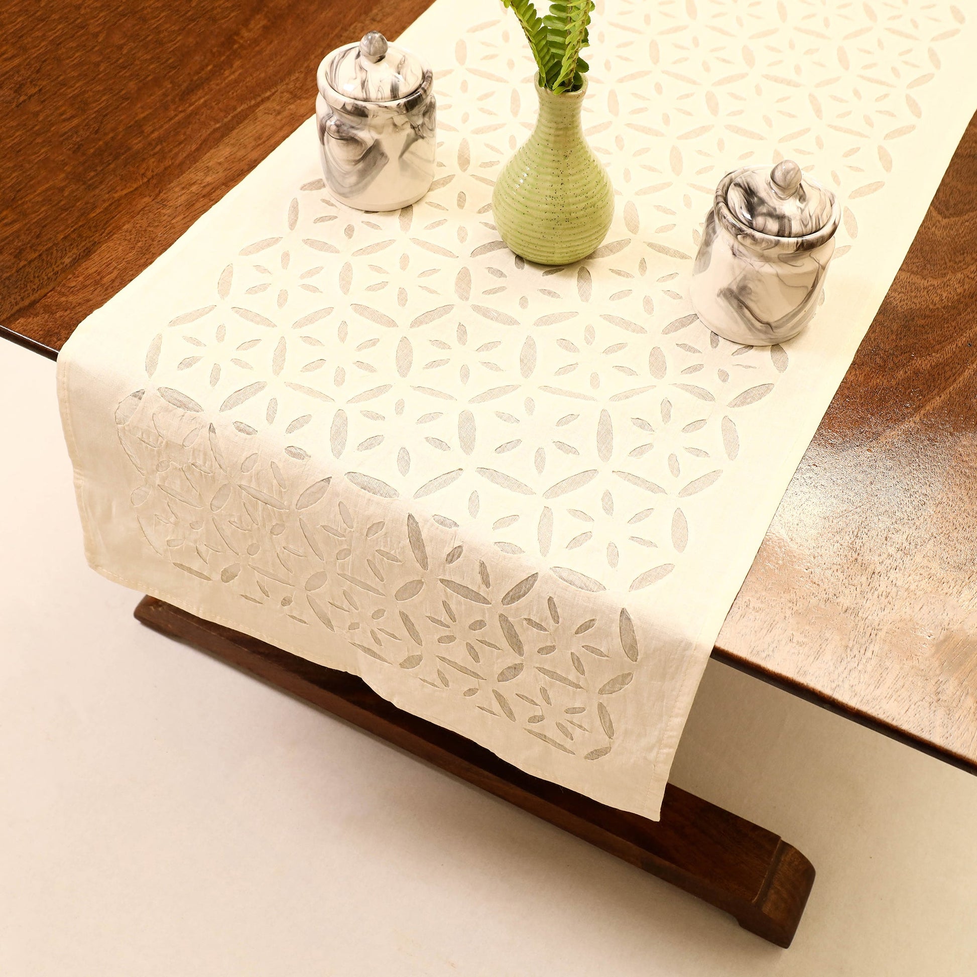 Beige - Applique Cut work Cotton Table Runner (73 x 18 in)