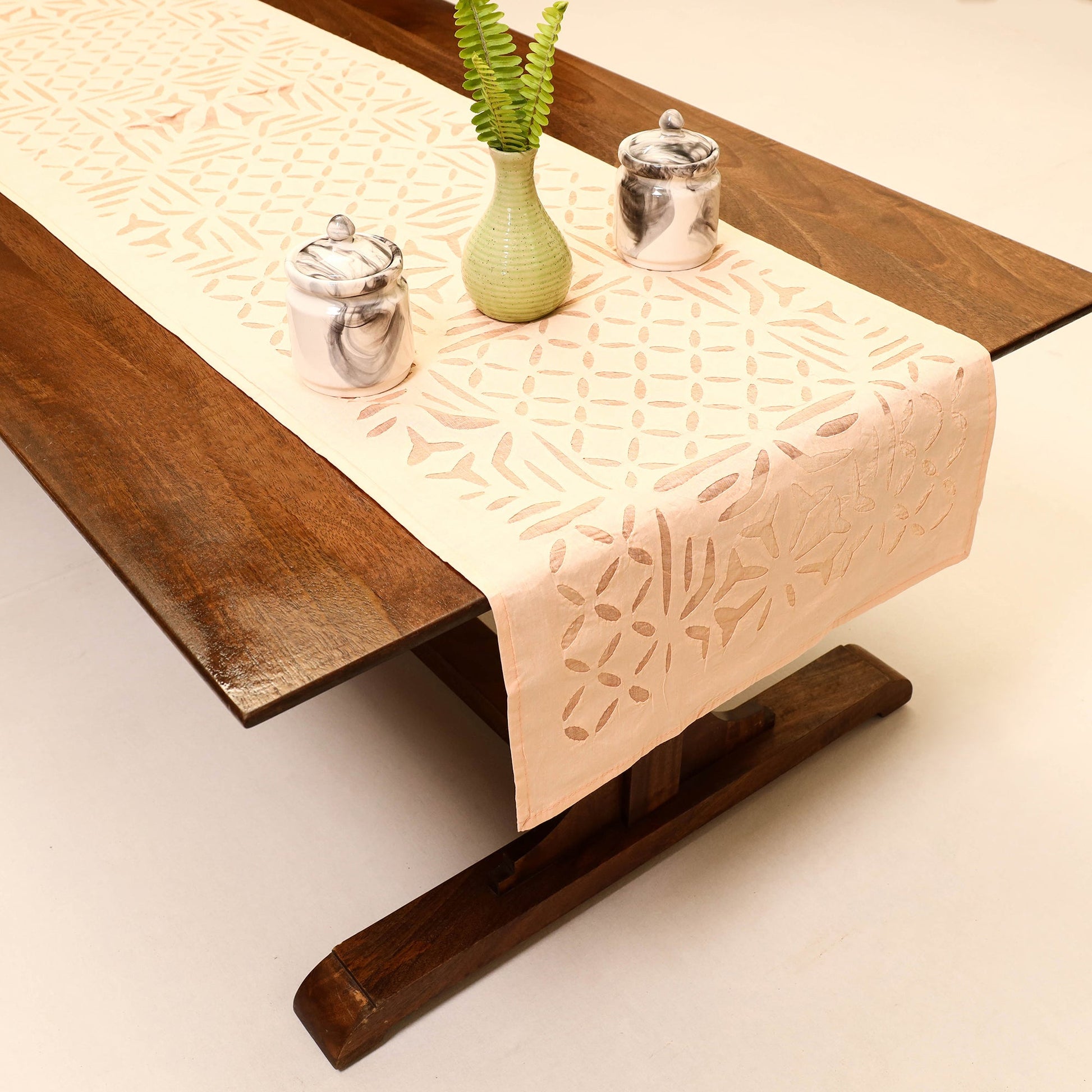 Beige - Applique Cut work Cotton Table Runner (73 x 18 in)