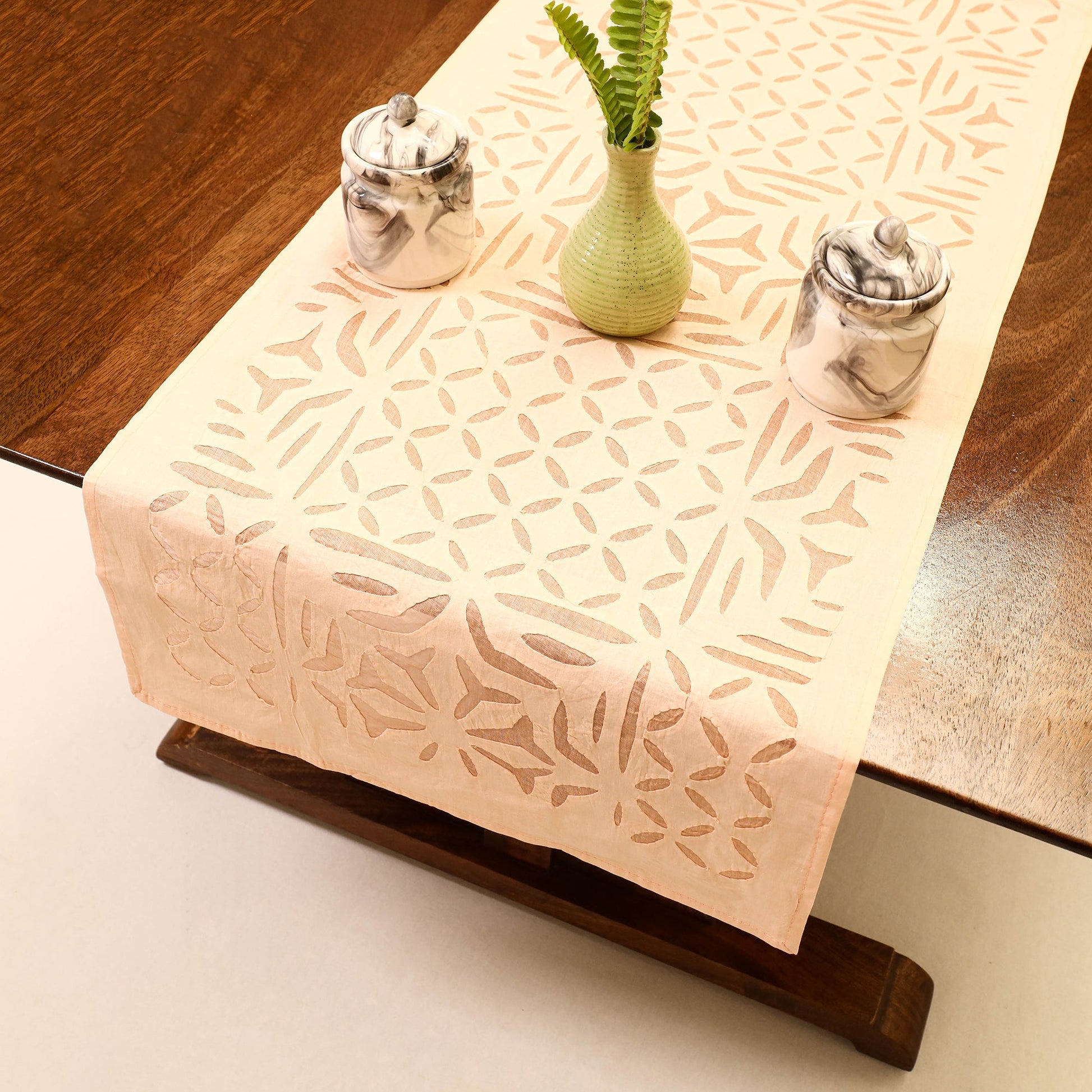 Beige - Applique Cut work Cotton Table Runner (73 x 18 in)