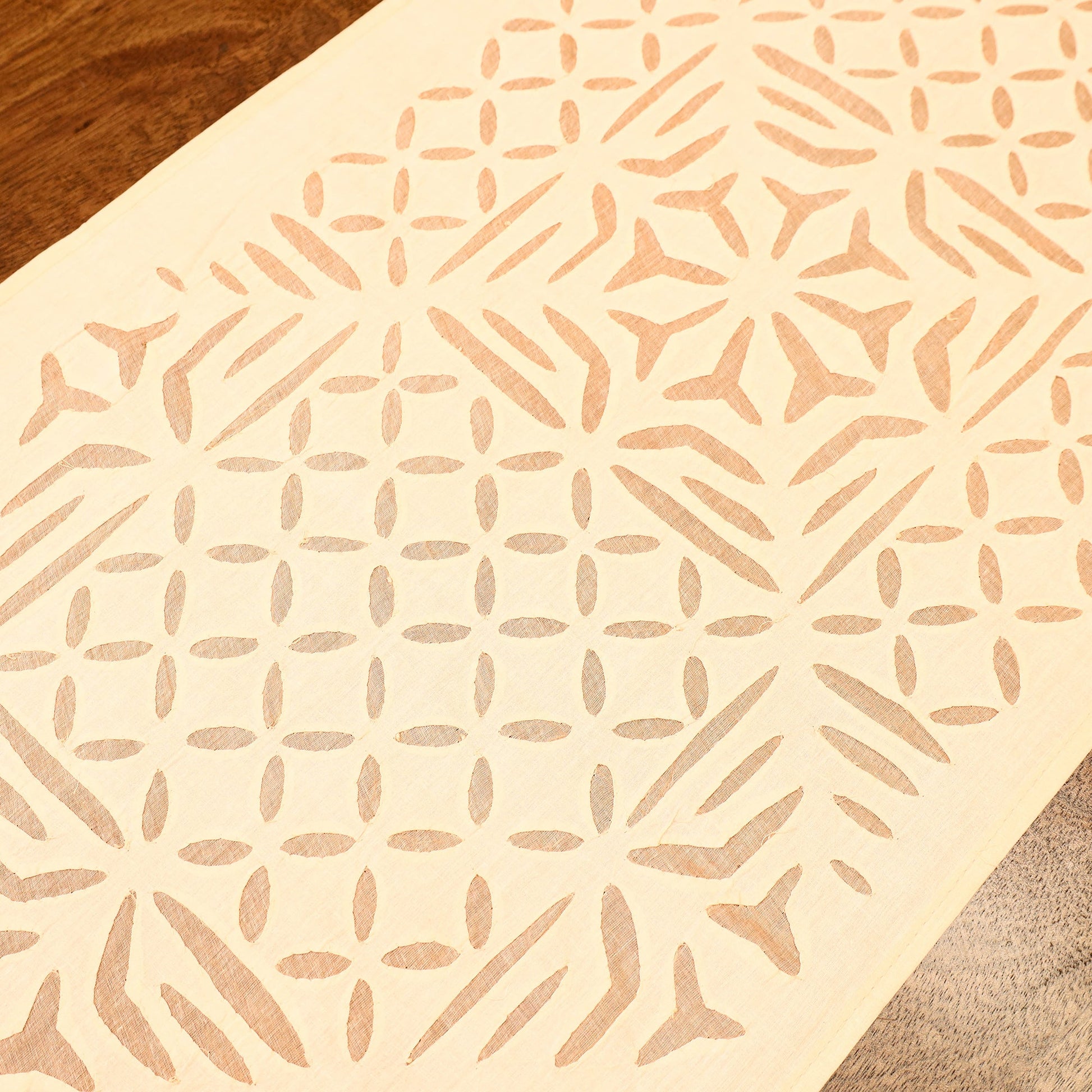 Beige - Applique Cut work Cotton Table Runner (73 x 18 in)