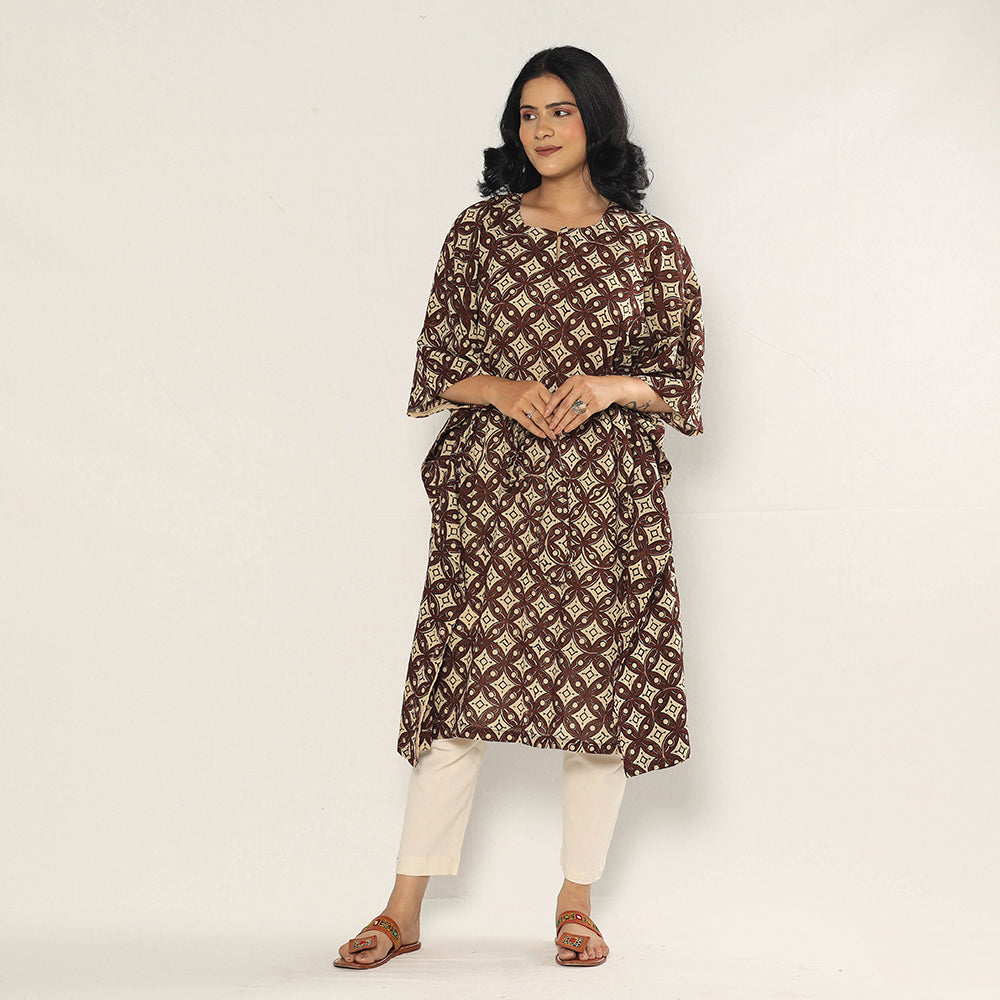 Brown - Bagru Dabu Block Printing Cotton Kaftan Dress (Medium)