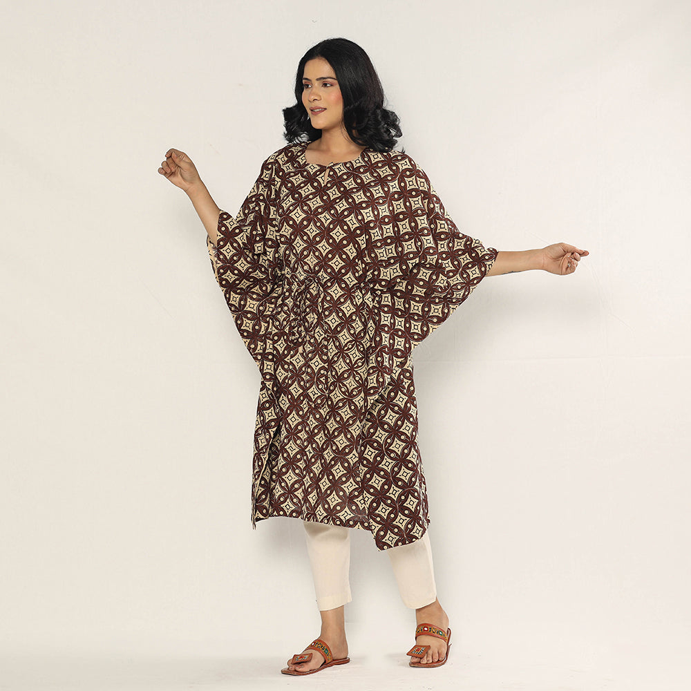 Brown - Bagru Dabu Block Printing Cotton Kaftan Dress (Medium)