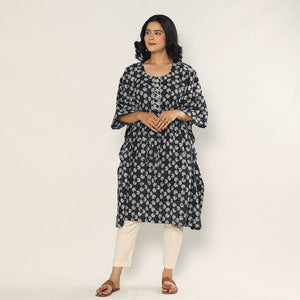 Black - Bagru Dabu Block Printing Cotton Kaftan Dress (Medium)