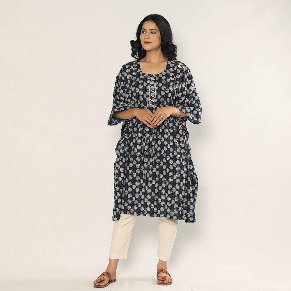 Black - Bagru Dabu Block Printing Cotton Kaftan Dress (Medium)
