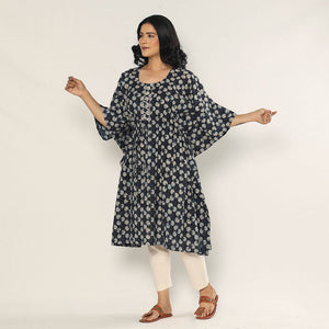 Black - Bagru Dabu Block Printing Cotton Kaftan Dress (Medium)