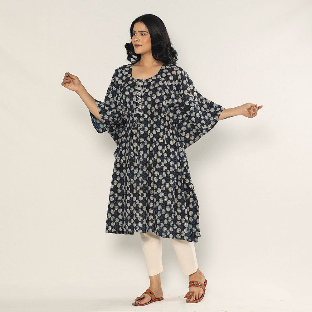 Black - Bagru Dabu Block Printing Cotton Kaftan Dress (Medium)
