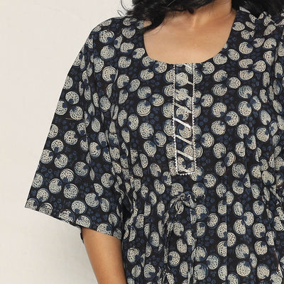 Black - Bagru Dabu Block Printing Cotton Kaftan Dress (Medium)