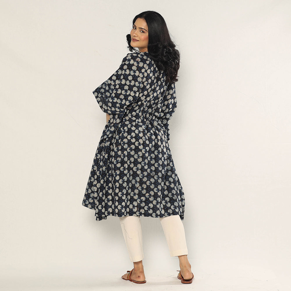 Black - Bagru Dabu Block Printing Cotton Kaftan Dress (Medium)