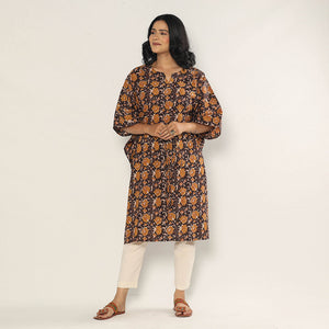 Black - Bagru Dabu Block Printing Cotton Kaftan Dress (Medium)