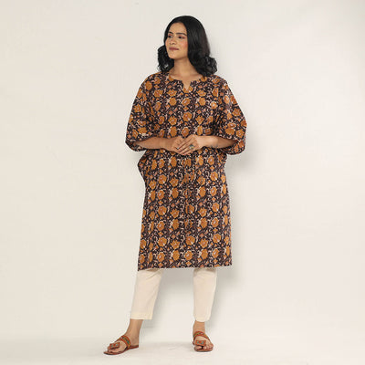 Black - Bagru Dabu Block Printing Cotton Kaftan Dress (Medium)
