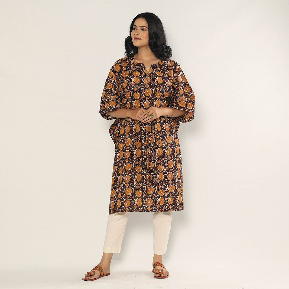 Black - Bagru Dabu Block Printing Cotton Kaftan Dress (Medium)