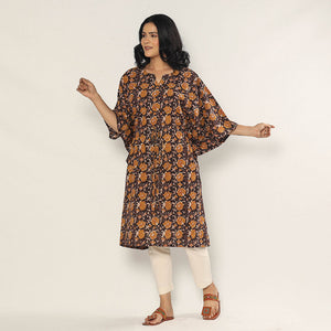 Black - Bagru Dabu Block Printing Cotton Kaftan Dress (Medium)