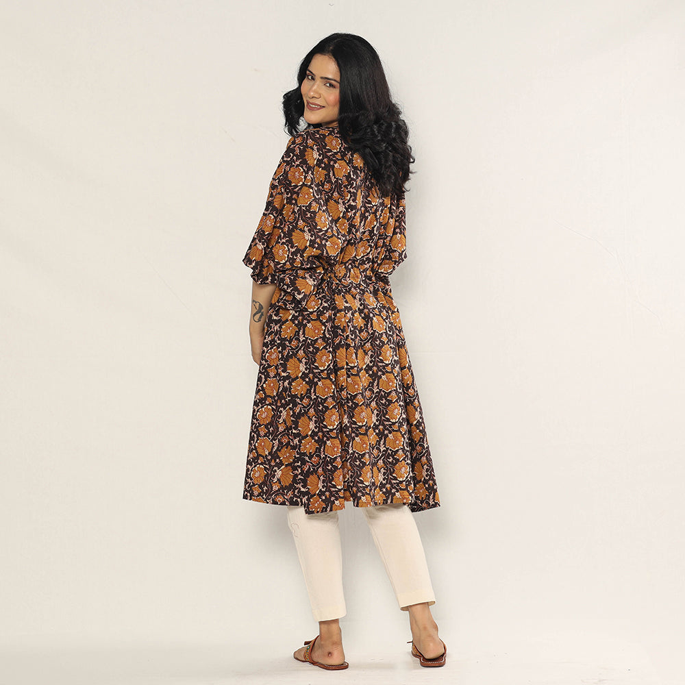 Black - Bagru Dabu Block Printing Cotton Kaftan Dress (Medium)