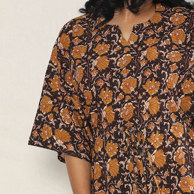 Black - Bagru Dabu Block Printing Cotton Kaftan Dress (Medium)