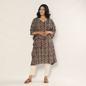 Black - Bagru Dabu Block Printing Cotton Kaftan Dress (Medium)