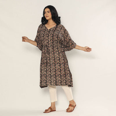 Black - Bagru Dabu Block Printing Cotton Kaftan Dress (Medium)